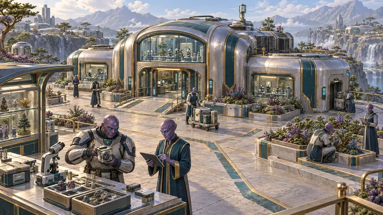 Purple-skinned researchers in silver armor and teal robes study mineral samples and tablets on a sunlit terrace in front of a glass-fronted silver laboratory, with waterfalls and cliffs behind.