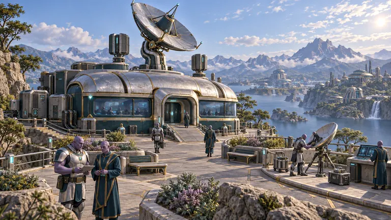 A silver and teal relay dome with a large dish stands on a sunny stone terrace above a bay, with people in teal and gold on the walkway, mountains, and a domed city beyond.