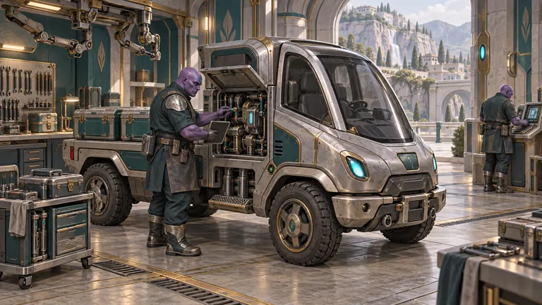 Two purple-skinned workers in dark work clothes stand in a workshop: one services a silver and teal utility truck while the other works a wall console, with tool racks on the wall and a cliffside town visible through an open arch.