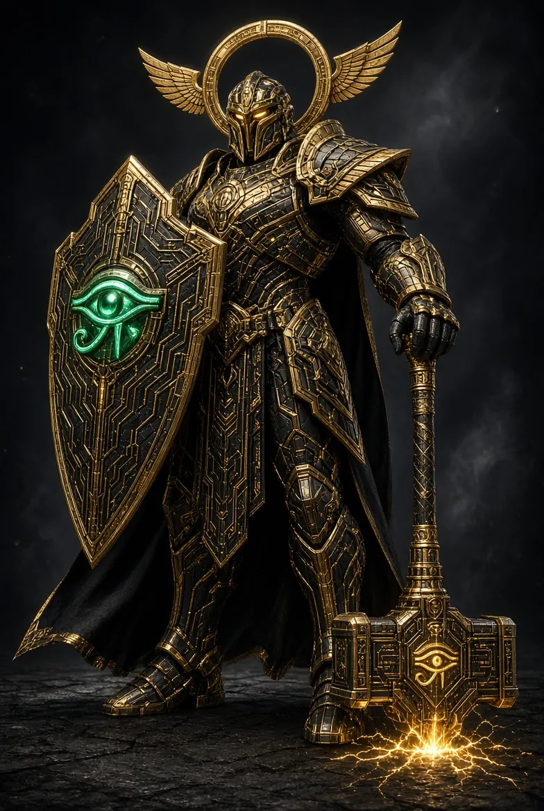 Ra-Thor, a gold-and-black armored warrior with a winged halo and a glowing green Eye-of-Horus shield, rests a hammer head-down on the ground as golden lightning strikes.