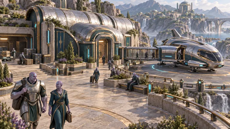 Travelers with luggage cross a stone terrace toward a silver shuttle docked beside a domed terminal, with a cliffside city and waterfalls in the distance.