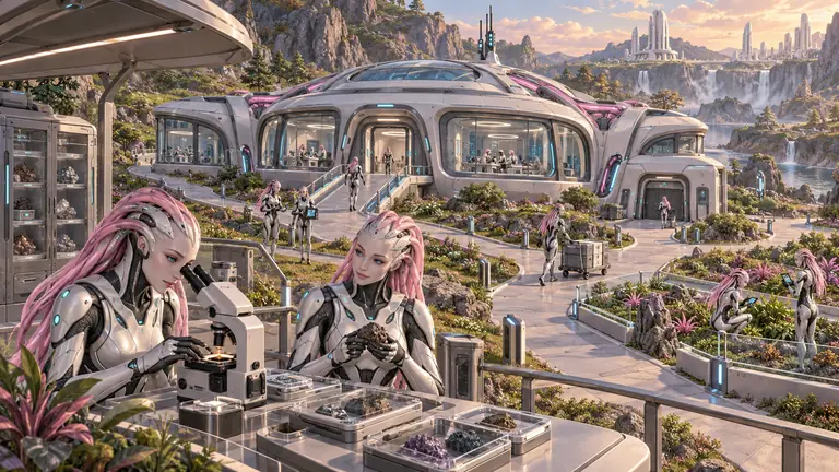 Researchers in white and silver suits work at an outdoor garden bench, one at a microscope and one holding a rock sample, with a glass-fronted dome, waterfalls, and a spired city behind.