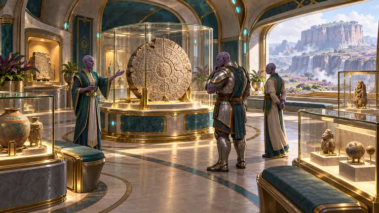 A carved stone disc stands in a glass case at the center of a bright gallery, where robed and armored figures look at artifacts kept behind glass.
