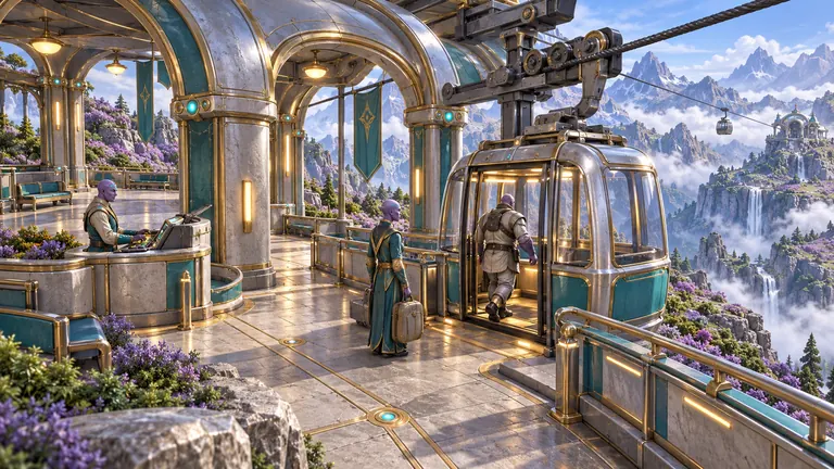 A traveler steps into a silver, teal, and gold glass cable car at a bright arched mountain station, while another waits with luggage and one more car glides over misty peaks.