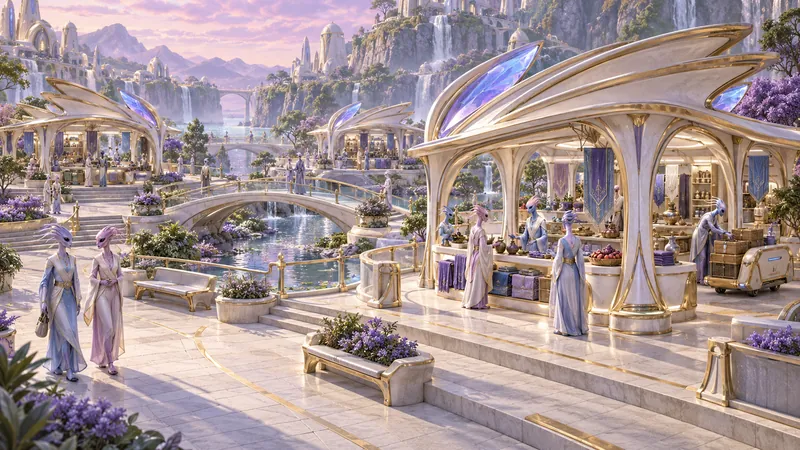 Painted art: Quellorians in long robes stroll a white-and-gold market square with violet glass canopies, beside canals and waterfalls.