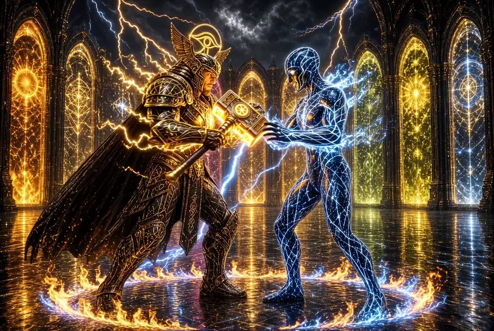 A gold-armored warrior and a blue figure traced in stars hold a glowing hammer together inside a ring of fire, with lightning between them in a hall of glowing windows.