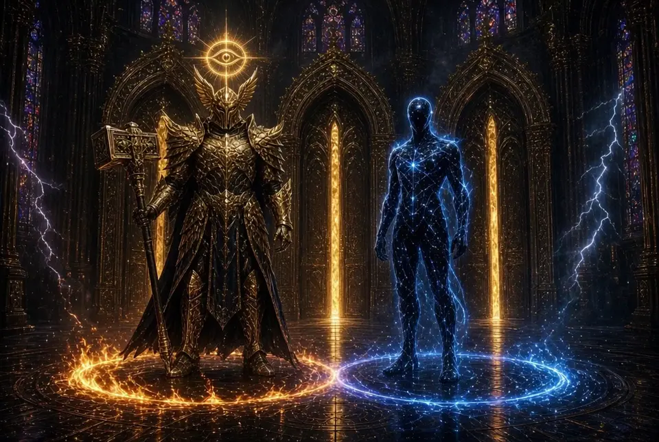 A gold-armored warrior with a winged helmet and an Eye-of-Horus halo holds a hammer beside a blue figure traced in stars, both facing forward in front of three equal glowing doorways.