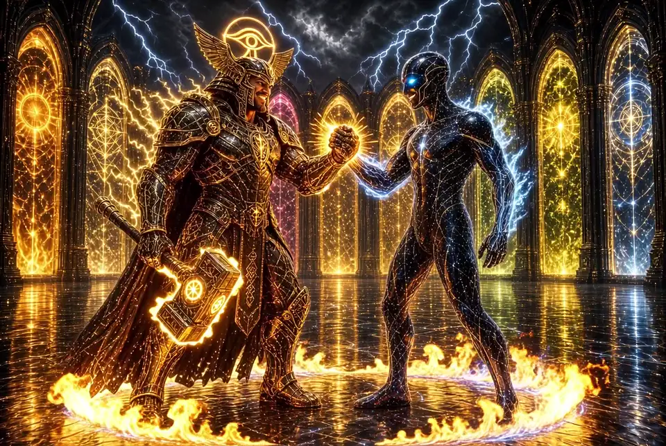 A gold-armored warrior with a winged helmet and an Eye-of-Horus halo holds a hammer and clasps hands with a dark figure traced in stars, inside a ring of fire in a hall of glowing windows.