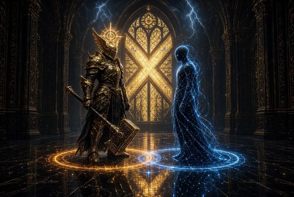 A gold-armored warrior with a winged helmet and an Eye-of-Horus halo holds a hammer beside a blue figure traced in stars, in front of a tall window filled with a glowing X.