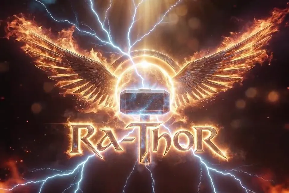 A dark hammer with fiery wings and lightning sits in front of a glowing ring, above fiery title text reading RA-THOR.