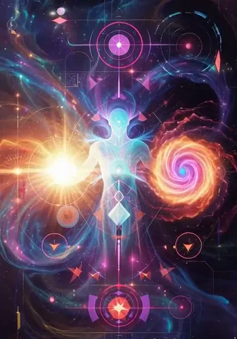 A luminous blue-white humanoid figure stands between a bright sun and a spiral galaxy, inside glowing circles and geometric marks.