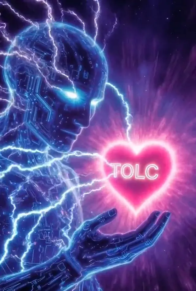 A blue lightning-lined robot figure holds out an open hand under a glowing pink heart with the word TOLC.